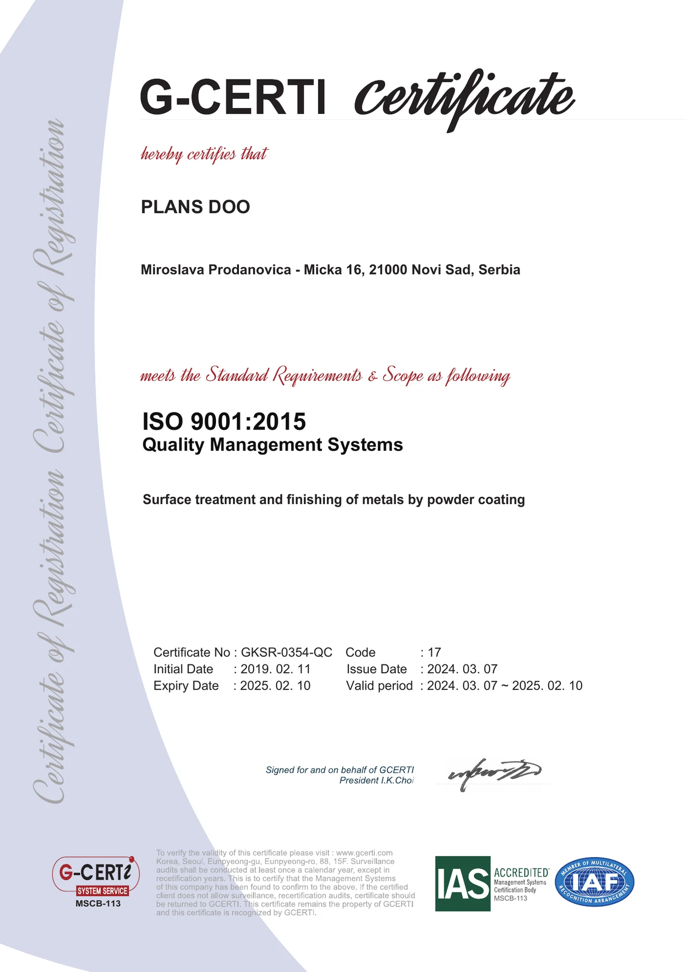 ISO 9001:2015 certificate of PLANS d.o.o.