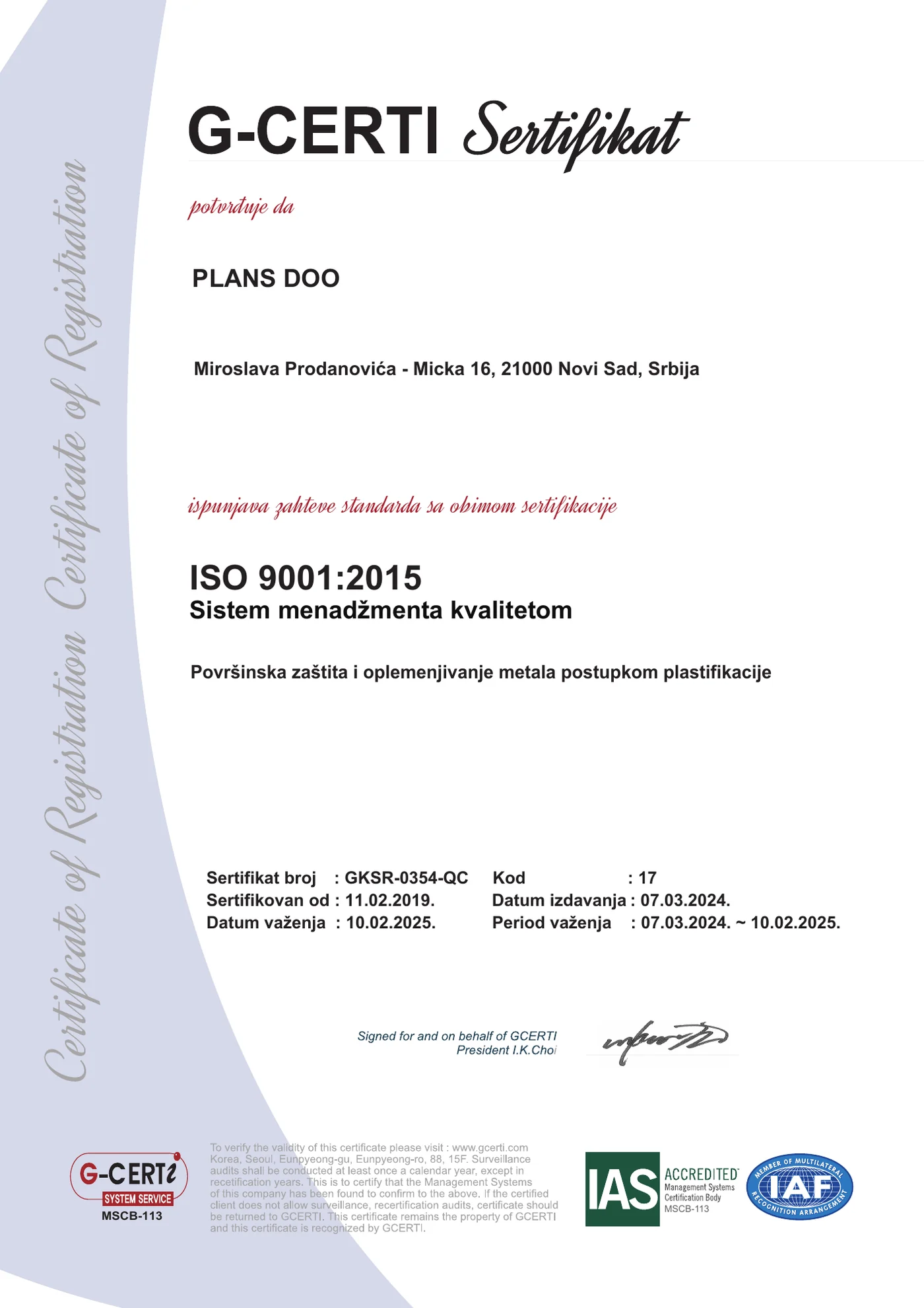 Sertifikat ISO 9001:2015 za PLANS d.o.o.